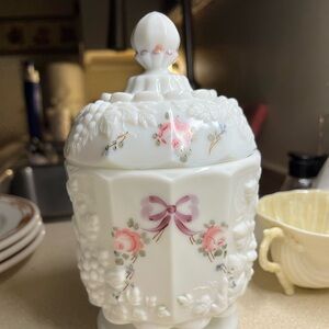 Vintage 70s Westmoreland Hand Painted Flowers Milk Glass Candy/Vanity Container
